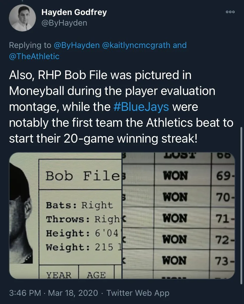 Social media post noting Bob File's appearance in the film Moneyball.